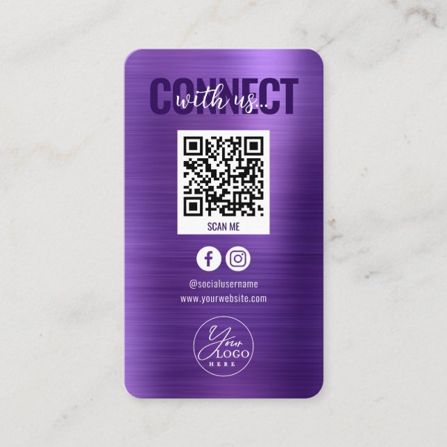 Cartão De Visita Roxo Metálico Conectado com Código QR de Mídia Soc (Frente)