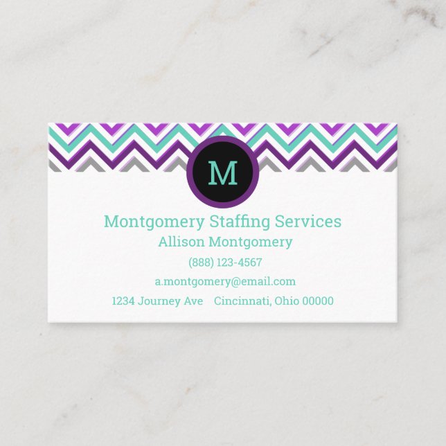 Cartão De Visita Roxo moderno, Rosa, Cinza e Teal. Cevron (Frente)