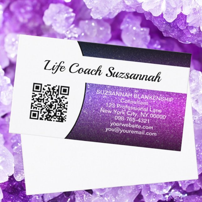 Cartão De Visita Roxo Ombre Glitter Código QR Profissional (front template business card design)