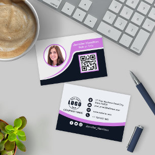Cartão De Visita Roxo preto profissional adicione seu logotipo QR