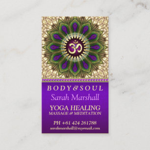 Cartão De Visita Roxo real holístico de OM+Mandala verde do pavão
