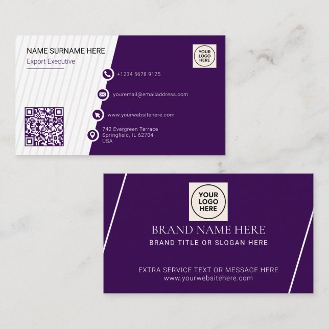 Cartão De Visita Roxo Simples Formal Código QR Profissional Moderno (Frente/Verso)
