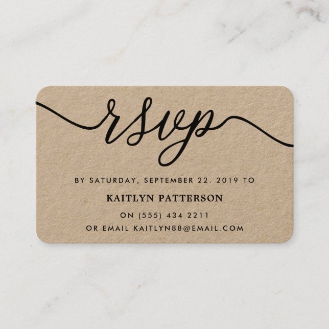 Cartão De Visita RSVP de Script Simples Rustic Kraft (Frente)