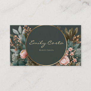 Cartão De Visita Rubor de Círculo Dourado Floral Esmeralda Luxuoso 