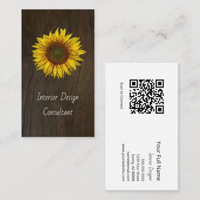Cartão De Visita Rustic Barn Wood Sunflower Designer QR code  (Frente/Verso)