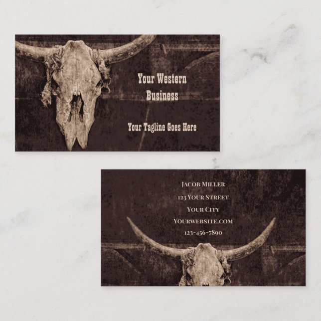 Cartão De Visita Rustic Bull Skull Brown Country Textura Ocidental (Frente/Verso)