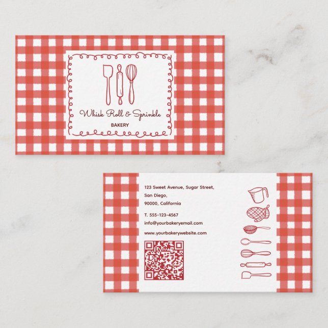 Cartão De Visita Rustic Farmhouse Gingham QR Code Bakery (Frente/Verso)