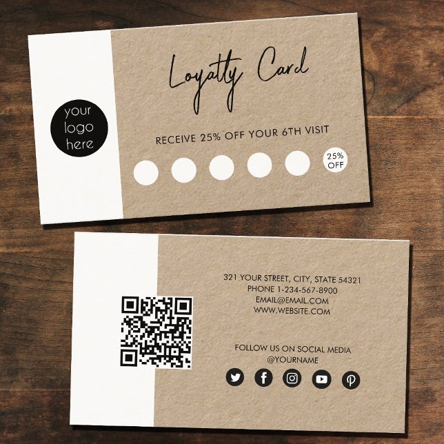 Cartão De Visita Rustic Kraft Brown Business Logo QR Code Lealdade (Criador carregado)