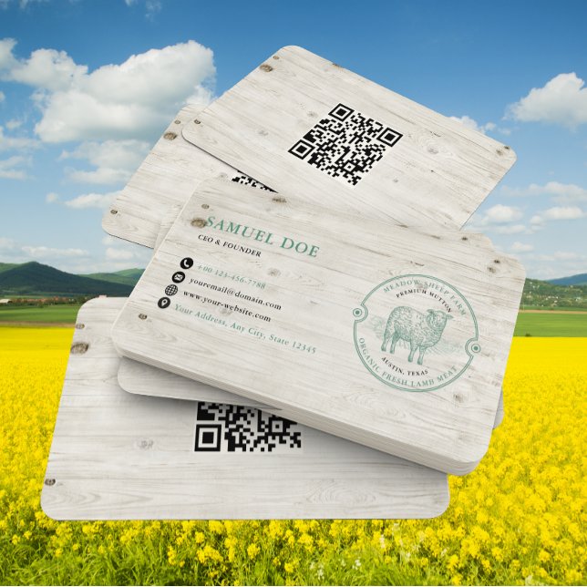 Cartão De Visita Rustic Lamb Sheep Farm LOGO QR Code Green (Criador carregado)