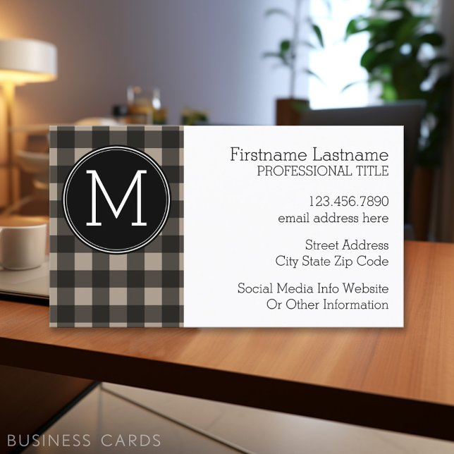 Cartão De Visita Rustic Linen Black Buffalo Xadrez gingham Monogram (Personalized Printed Business Cards)