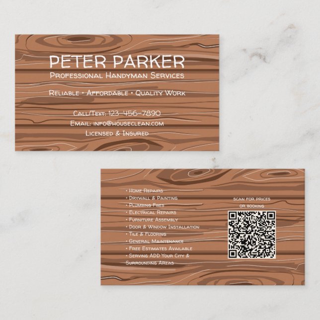 Cartão De Visita Rustic Professional Contractor Card with QR Code (Frente/Verso)