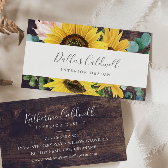 Cartão De Visita Rustic Sunflower Eucalyptus | Wood Business Card (Criador carregado)