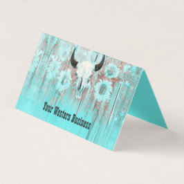 Cartão De Visita Rustic Teal Western Bull Skull Sunflowers On Wood