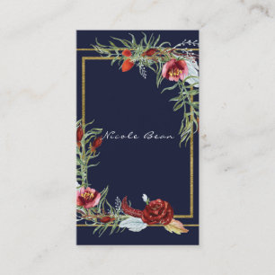 Cartão De Visita Rústico Outono Marsala Floral Azul Marinho Chic El