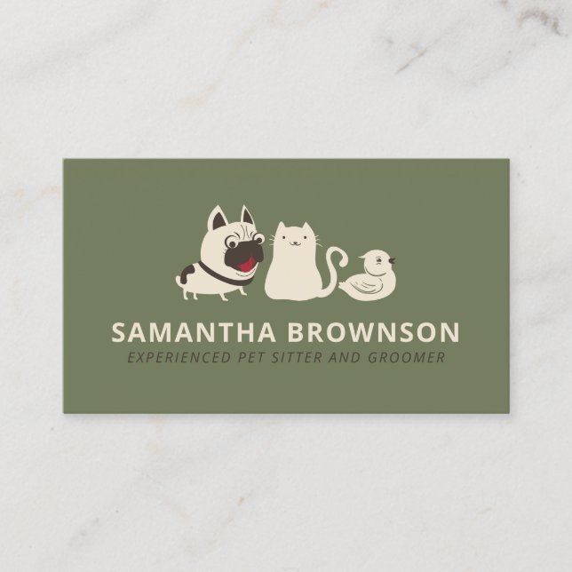 Cartão De Visita Sage Green Beige Dog Cat Pird Sitter (Frente)