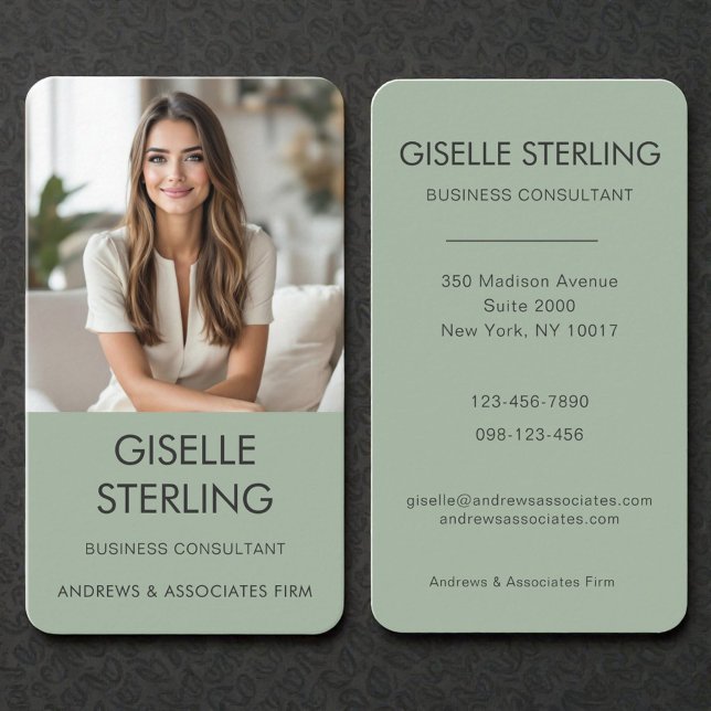 Cartão De Visita Sage Green Business Consultant Photo (Criador carregado)