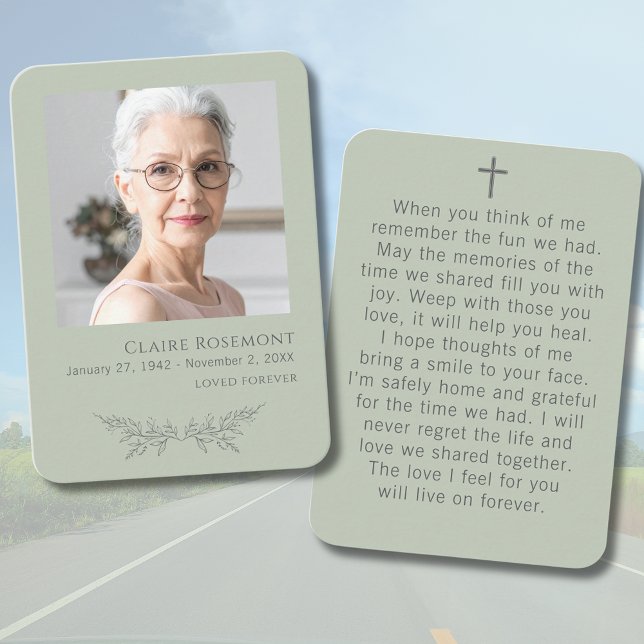 Cartão De Visita Sage Green Floral Photo Cross Funeral Prayer Card (Sage Green Floral Photo Cross Funeral Prayer Card
)