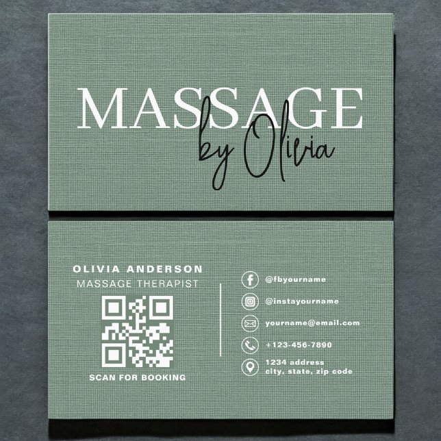 Cartão De Visita Sage Green Linen Massage Therapist QR Code  (Criador carregado)