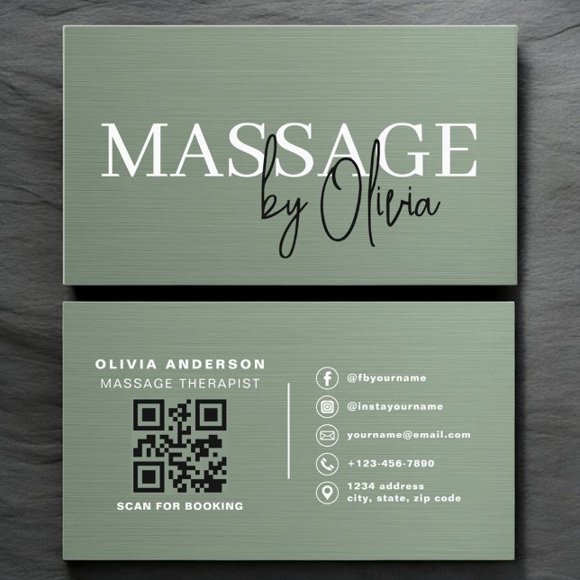 Cartão De Visita Sage Green Metallic Massage Therapist QR Code  (Criador carregado)