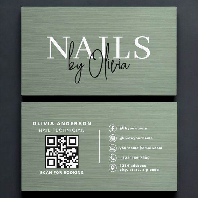Cartão De Visita Sage Green QR Code Nail Specialist Metallic  (Criador carregado)