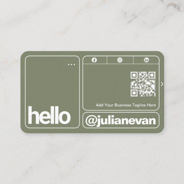 Cartão De Visita Sage Green Typography Scannable QR Code Hello (Frente)