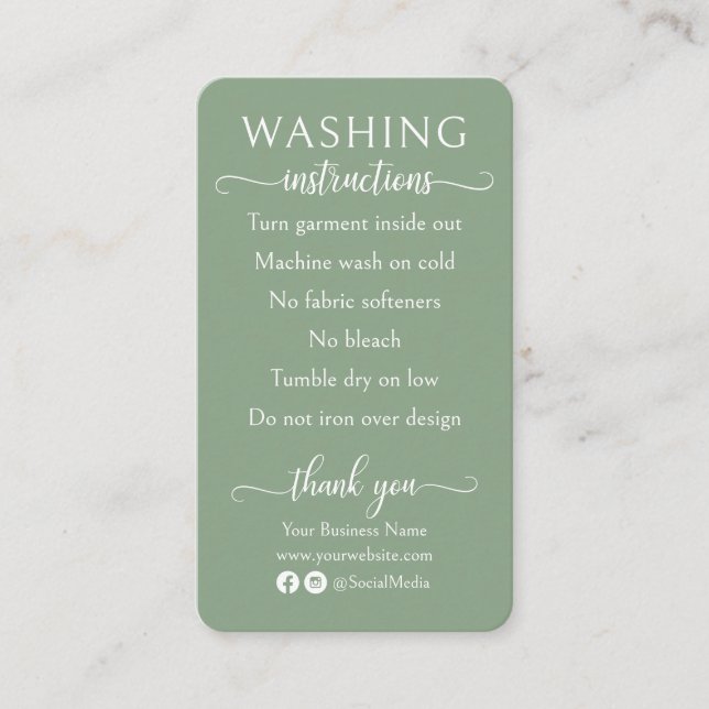 Cartão De Visita Sage Green Washing Instructions Closure Care (Frente)