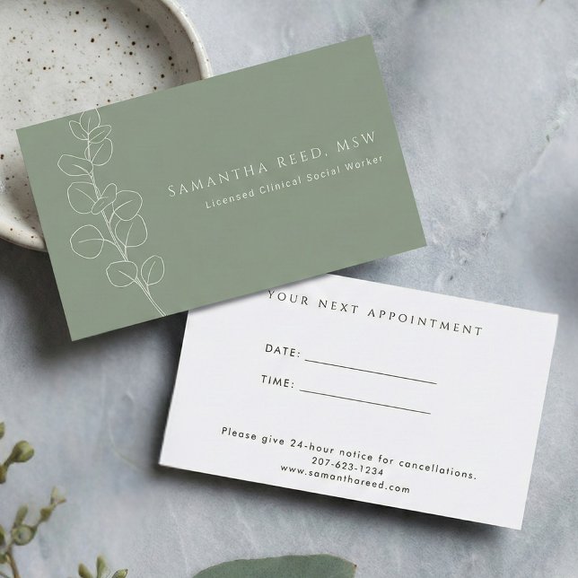 Cartão De Visita Sage Green White Eucalyptus Therapist Appointment  (Sage Green White Botanical Modern Elegant Appointment Reminder Card)