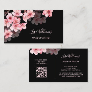 Cartão De Visita Sakura em Aquarela Rosa Fundo Preto