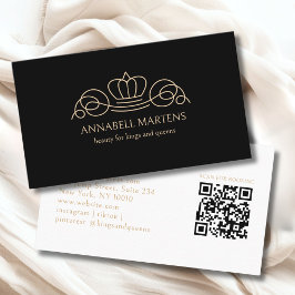Cartão De Visita Salão Coroa Elegante Código QR Preto Bege