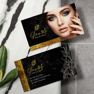 Cartão De Visita Salão de Arte de Unhas Elegante com Brilho Dourado