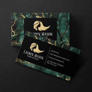Cartão De Visita Salão de Beleza Cabeleireiro Green Gold Black Marb