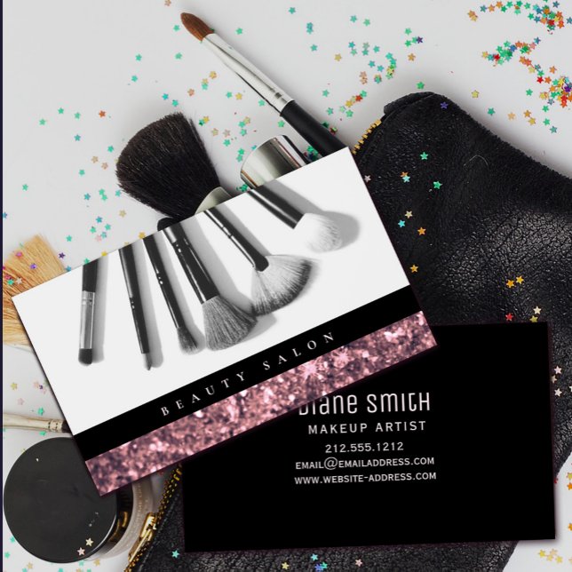 Cartão De Visita Salão de Beleza da Glitter Dourada rosa (Rose Gold Glitter Beauty Salon Business Card #zazzlemade #brushes #beautysalon #rosegoldblack)