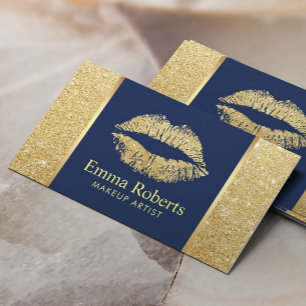 Cartão De Visita Salão de beleza Dourado do maquilhador dos azuis