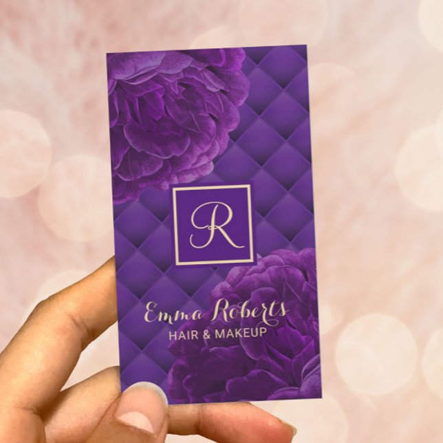 Cartão De Visita Salão de Beleza Elegante Floral Roxo Monograma (Criador carregado)