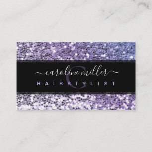Cartão De Visita Salão de Beleza Glitter Roxo Monograma Preto Tendê