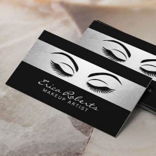 Cartão De Visita Salão de beleza preto do maquilhador & de prata