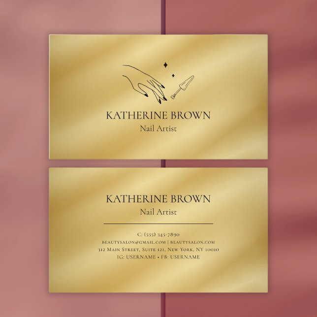 Cartão De Visita Salão de Beleza Profissional Dourada do Artista da (Luxury Gold Nail Artist Business Card – Elegant & Professional Design)