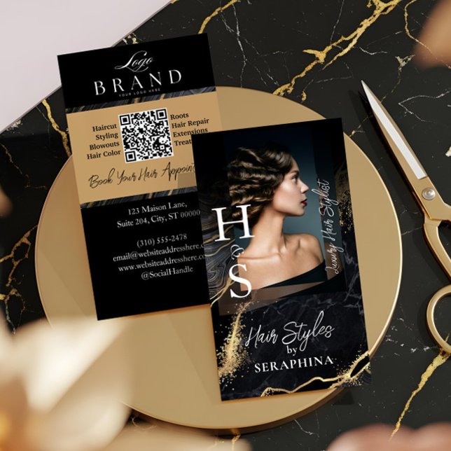 Cartão De Visita Salão de Cabeleireiro de Luxo Preto Dourado Ágata (Luxury Luxury Hair Stylist Salon Black Gold Agate Business Card)