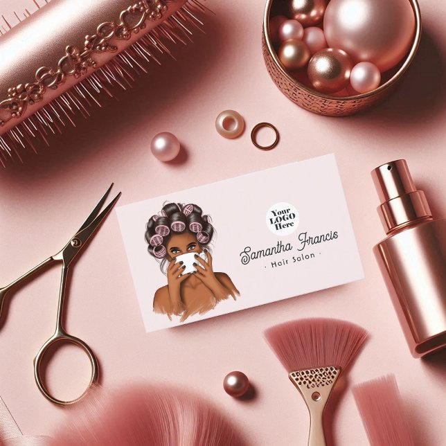 Cartão De Visita Salão de Cabelo Africano Americano, Rosa e Blush (Pink and Blush African American Hair Salon Business Card)