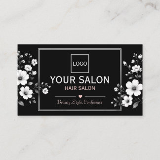 Cartão De Visita Salão de Cabelo Floral Preto e Branco Elegante