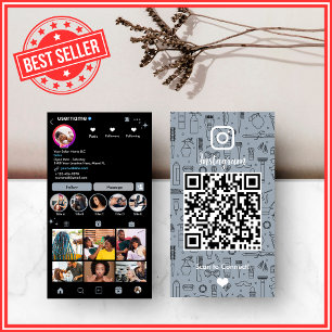 Cartão De Visita Salão de Cabelo Instagram Azul Empoeirado QR Míd
