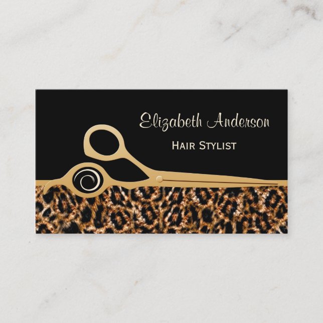 Cartão De Visita Salão de Cabelo Leopardo Negro e Dourado (Frente)