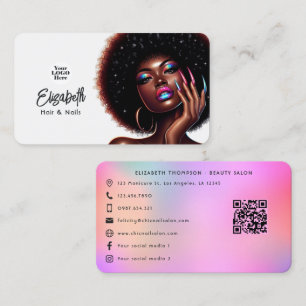 Cartão De Visita Salão de Cabelos e Unhas Afro Queen Faux Holográfi