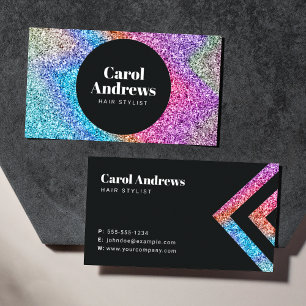 Cartão De Visita Salão de Cabelos Holográfico Glitter Arco-Íris Lim