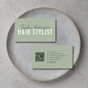 Cartão De Visita Salão de Estilista de Cabelo Código QR Verde Sage