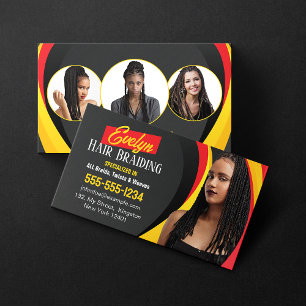 Cartão De Visita Salão de Fotos de Tranças de Cabelo Preto, Vermelh