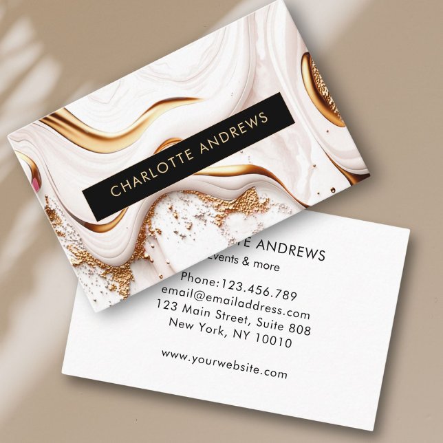 Cartão De Visita Salão de Mármore Dourado com brilho moderno (Modern Glitter Gold Marble Salon Business Card)