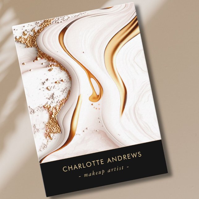 Cartão De Visita Salão de Mármore Dourado com brilho moderno (Modern Glitter Gold Marble Salon Business Card)