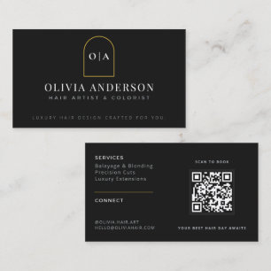 Cartão De Visita Salão de QR Preto Dourado Minimalista Moderno