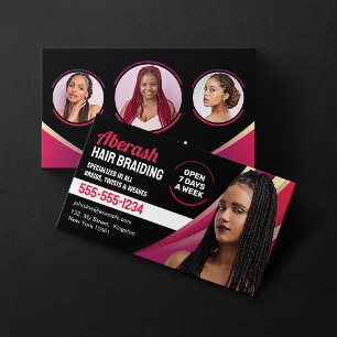 Cartão De Visita Salão de Tranças de Cabelo Preto e Rosa Adicionar 